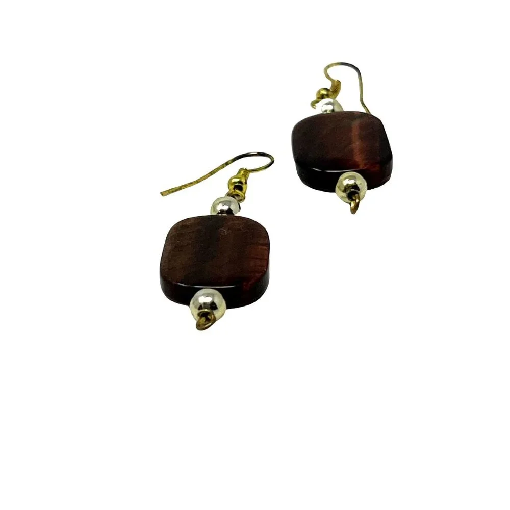 Faux Tiger Eye Drop Earrings Gold Tone‎ Wire Pierced 2 inches